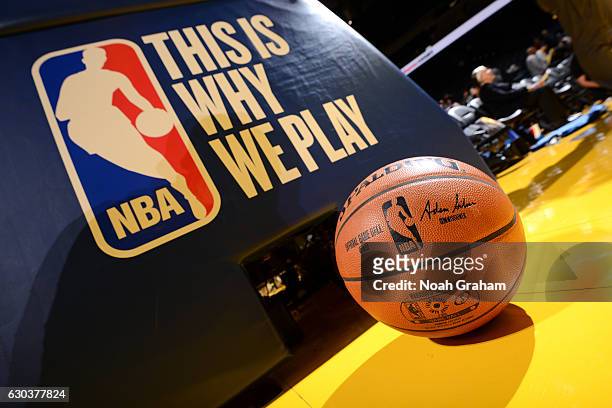 View of the game ball and This is Why We Play logo before the game between the Golden State Warriors and the Houston Rockets on December 1, 2016 at...
