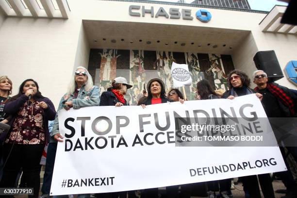 Jane Fonda, Dolores Huerta, Grey wolf, Frances Fisher and Lily Tomlin rally against Wells Fargo in solidarity with the people of Standing Rock in...