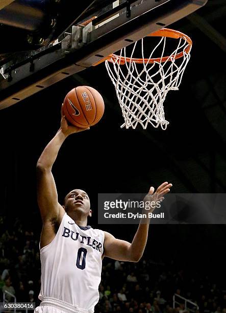 Avery Woodson of the Butler Bulldogs attempts a layup against the Vermont Catamounts in the second half at Hinkle Fieldhouse on December 21, 2016 in...
