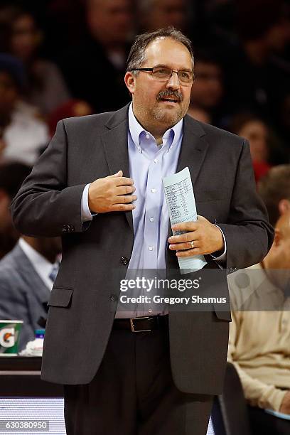 Head coach Stan Van Gundy looks on while playing the Memphis Grizzlies at the Palace of Auburn Hills on December 21, 2016 in Auburn Hills, Michigan....