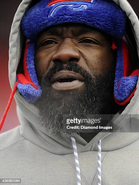Assistant defensive backs coach Ed Reed of the Buffalo Bills stands on the field prior to a game against the Cleveland Browns on December 16, 2016 at...