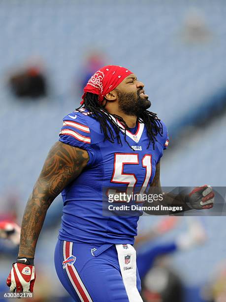 Linebacker Brandon Spikes of the Buffalo Bills stretches prior to a game against the Cleveland Browns on December 16, 2016 at New Era Field in...