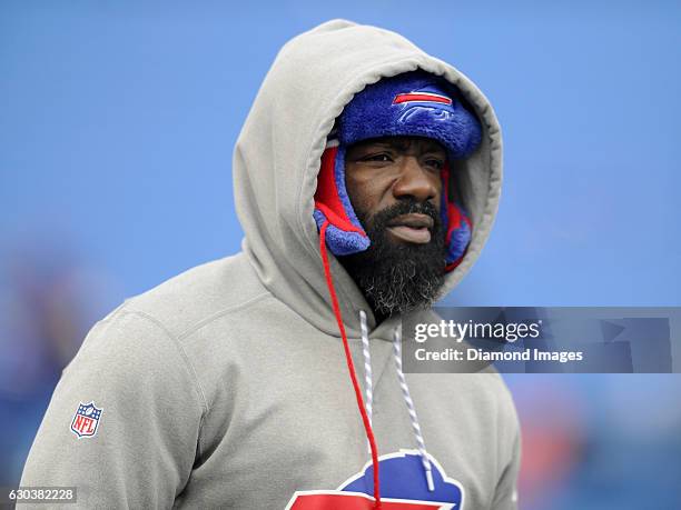 Assistant defensive backs coach Ed Reed of the Buffalo Bills stands on the field prior to a game against the Cleveland Browns on December 16, 2016 at...