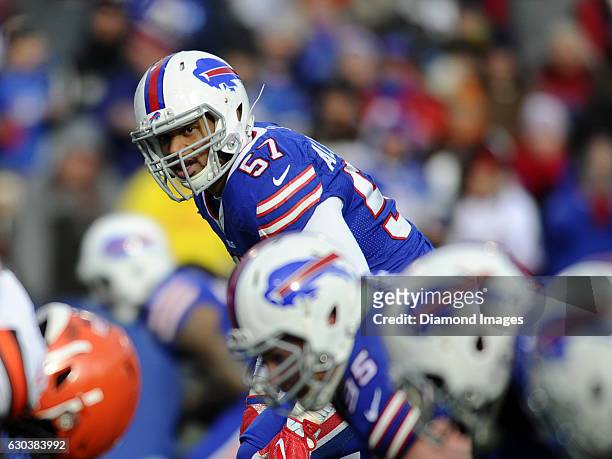 Linebacker Lorenzo Alexander of the Buffalo Bills awaits the snap from his position during a game against the Cleveland Browns on December 16, 2016...