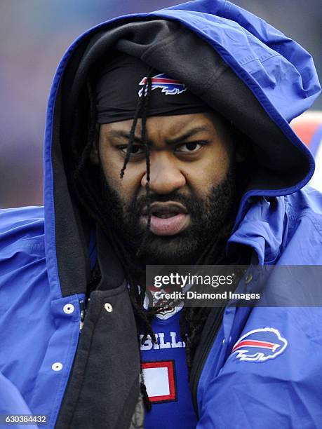 Linebacker Brandon Spikes of the Buffalo Bills walks along the sideline during a game against the Cleveland Browns on December 16, 2016 at New Era...