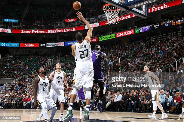 Rudy Gobert of the Utah Jazz blocks the ball against Darren Collison of the Sacramento Kings on December 21, 2016 at EnergySolutions Arena in Salt...