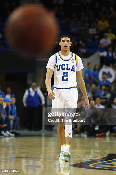 Lonzo Ball of the UCLA Bruins looks on during the second half against the Western Michigan Broncos at Pauley Pavilion on December 21, 2016 in Los...