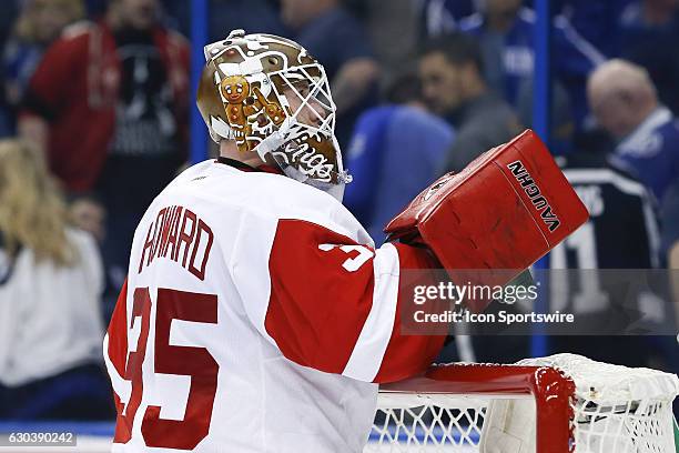 Detroit Red Wings goalie Jimmy Howard wears a holiday gingerbread themed goalie mask during the NHL game between the Detroit Red Wings and the Tampa...