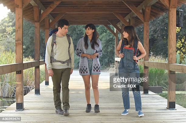 Max Greenfield, Hannah Simone and Zooey Deschanel in the " Africa or Retractable S'mores Pole" episode of NEW GIRL airing Tuesday, Oct. 4 on FOX.
