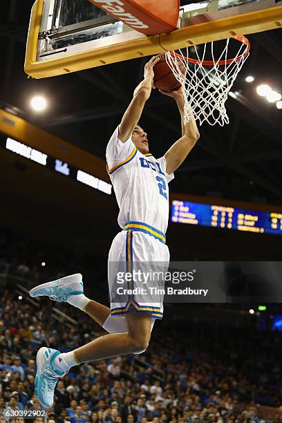 Lonzo Ball of the UCLA Bruins dunks the ball during the second half against the Western Michigan Broncos at Pauley Pavilion on December 21, 2016 in...