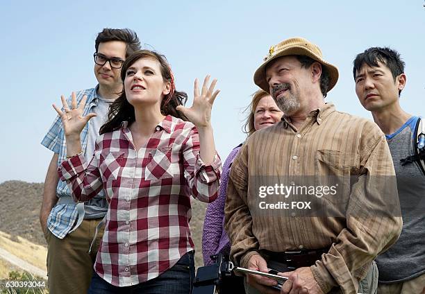 Guest star Nelson Franklin, Zooey Deschanel, guest star Becky Thyre, guest star Curtis Armstrong and guest star Rob Yang in the "Africa or...