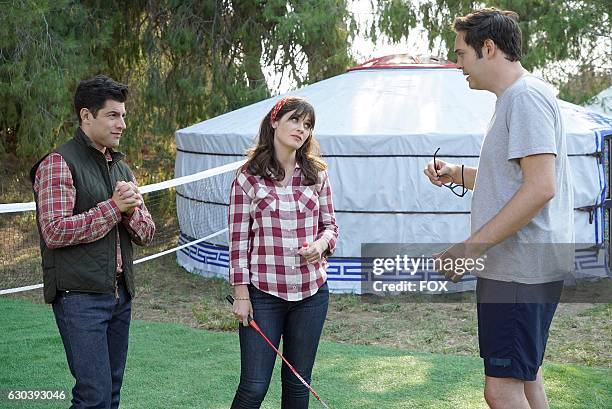 Max Greenfield, Zooey Deschanel and guest star Nelson Franklin in the " Africa or Retractable S'mores Pole" episode of NEW GIRL airing Tuesday, Oct....