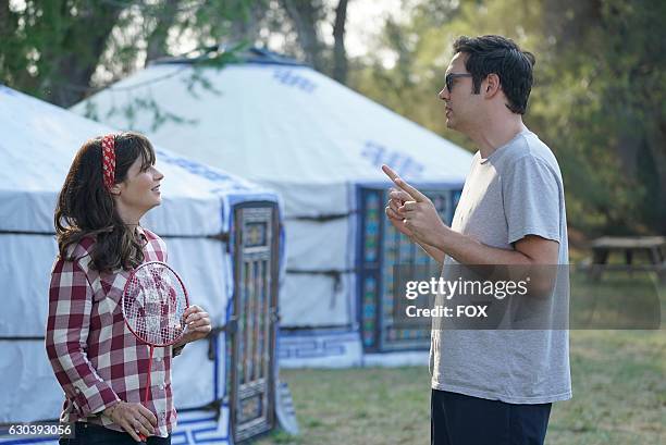 Zooey Deschanel and guest star Nelson Franklin in the " Africa or Retractable S'mores Pole" episode of NEW GIRL airing Tuesday, Oct. 4 on FOX.