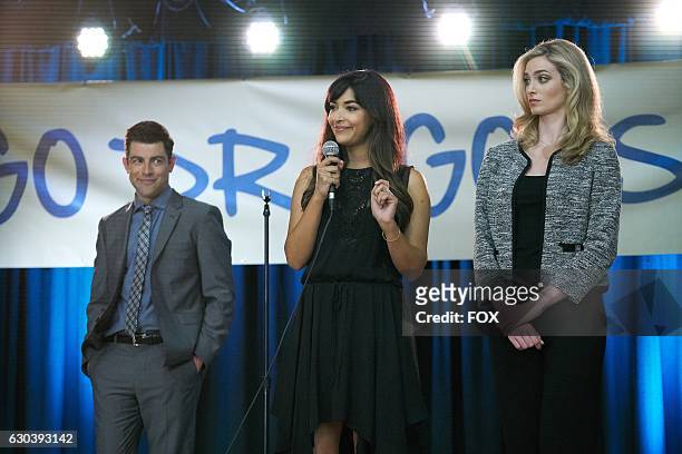 Max Greenfield, Hannah Simone and guest star Allegra Edwards in the special "Homecoming" NEW GIRL/BROOKLYN NINE-NINE crossover episode of NEW GIRL...