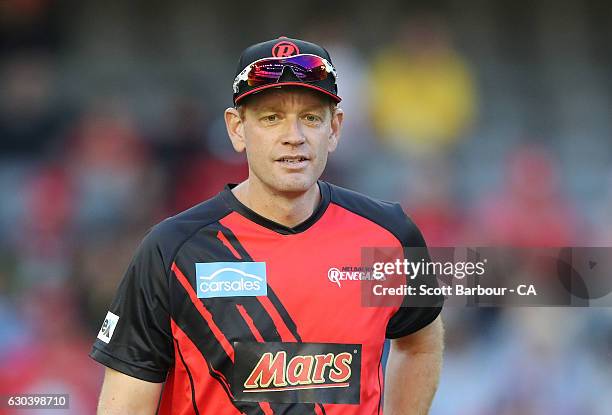 Renegades coach Andrew McDonald looks on during the Big Bash League match between the Melbourne Renegades and Sydney Thunder at Etihad Stadium on...