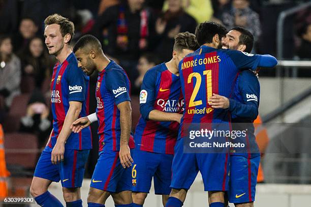 The FC Barcelona player Arda Turan from Turkey celebrating his hat trick during the Spanish Copa del Rey round of 32 second leg match between FC...