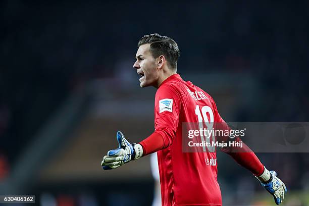 Thomas Kessler goalkeeper of Koeln reacts during the Bundesliga match between 1. FC Koeln and Bayer 04 Leverkusen at RheinEnergieStadion on December...