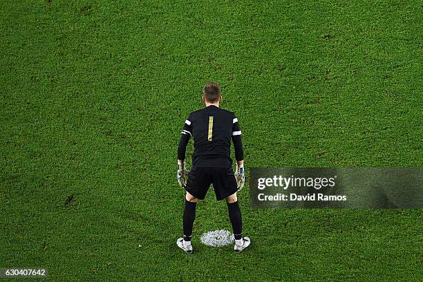 Goalkeeper Ivan Buigues of Hercules looks on during the Copa del Rey round of 32 second leg match between FC Barcelona and Hercules at Camp Nou on...