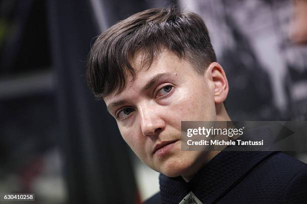 Nadiya Savchenko, former Ukrainian army pilot and member of the Ukrainian Parliament speaks during a press conference during which she spoke about...