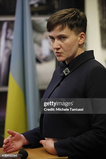 Nadiya Savchenko, former Ukrainian army pilot and member of the Ukrainian Parliament speaks during a press conference during which she spoke about...