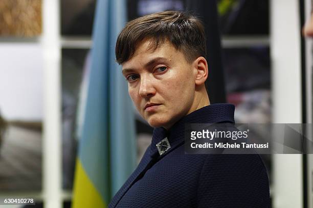 Nadiya Savchenko, former Ukrainian army pilot and member of the Ukrainian Parliament speaks during a press conference during which she spoke about...