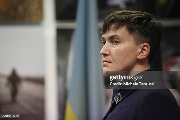 Nadiya Savchenko, former Ukrainian army pilot and member of the Ukrainian Parliament speaks during a press conference during which she spoke about...