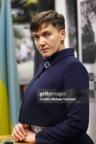 Nadiya Savchenko, former Ukrainian army pilot and member of the Ukrainian Parliament speaks during a press conference during which she spoke about...