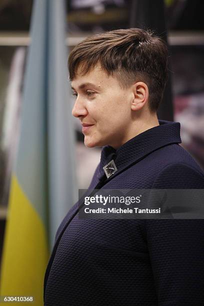 Nadiya Savchenko, former Ukrainian army pilot and member of the Ukrainian Parliament speaks during a press conference during which she spoke about...