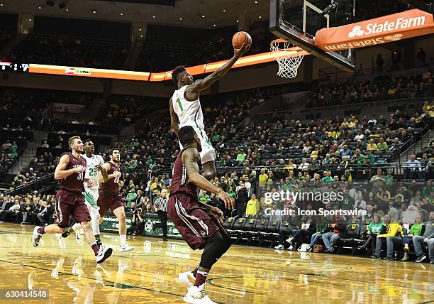 University of Oregon junior forward Jordan Bell goes in for a layup during a non-conference NCAA basketball game between the University of Montana...