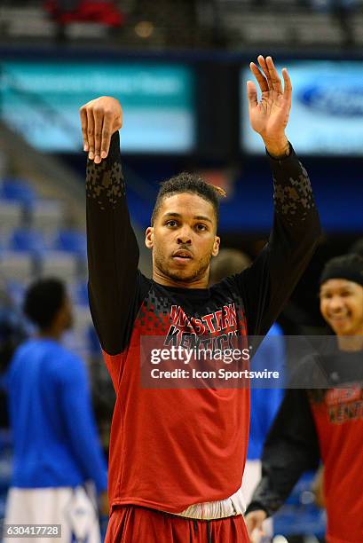 Western Kentucky Hilltoppers Guard Pancake Thomas warms up for the game against the Indiana State Sycamores on December 11 at the Hulman Center in...