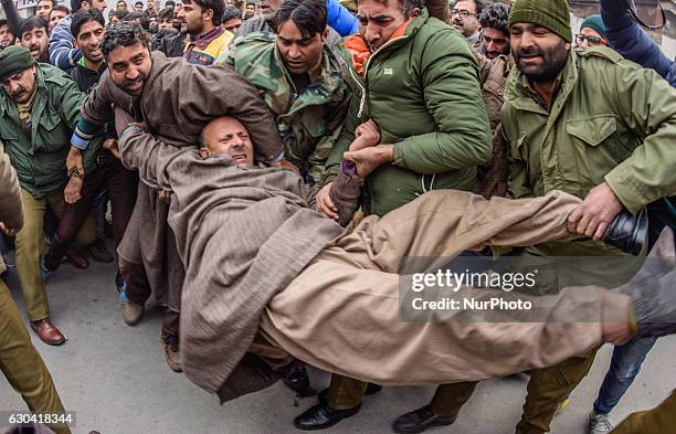 Indian government forces drag and detain, Engineer Sheikh Abdul Rashid an Indian Politician and Member of Legislative Assembly and patron of Awami...