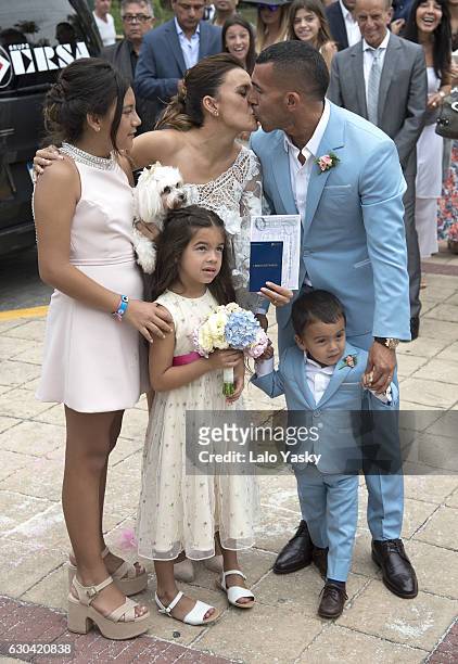 Florencia Tevez, Vanesa Mansilla, Carlos Tevez, Katia Tevez and Lito Junior Tevez leave the San Isidro City Hall after the civil wedding ceremony of...