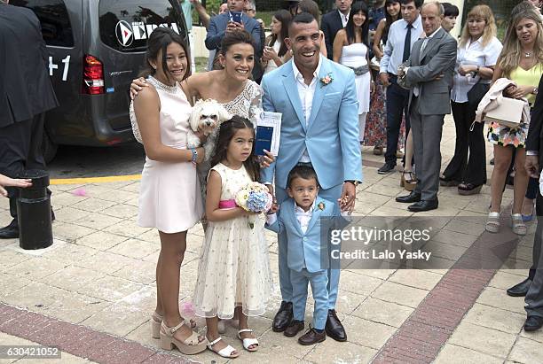 Florencia Tevez, Vanesa Mansilla, Carlos Tevez, Katia Tevez and Lito Junior Tevez leave the San Isidro City Hall after the civil wedding ceremony of...