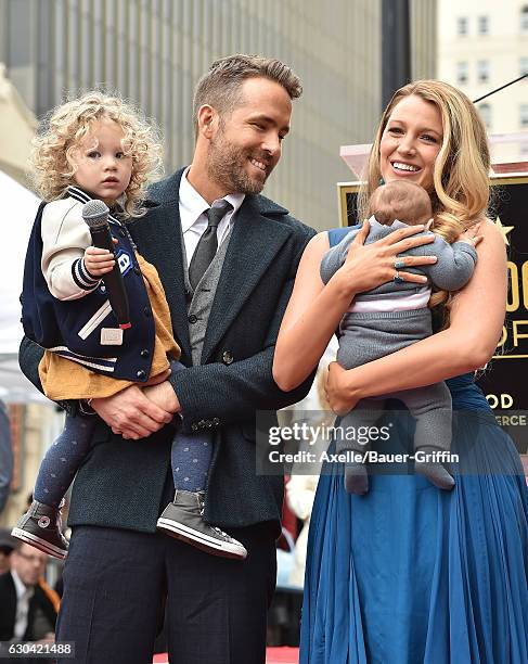 Actors Ryan Reynolds and Blake Lively with daughters James Reynolds and Ines Reynolds attend the ceremony honoring Ryan Reynolds with a Star on the...