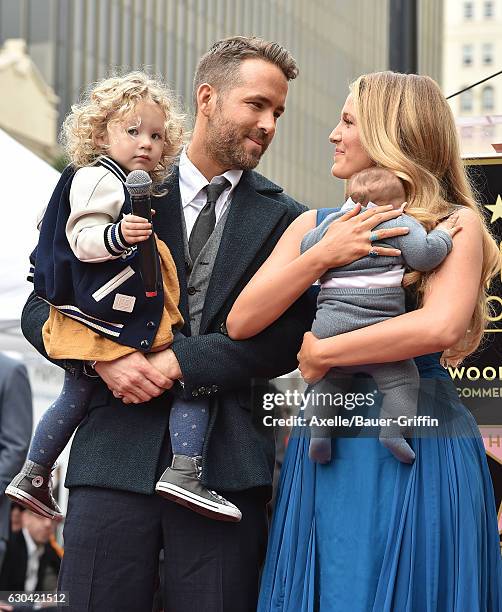 Actors Ryan Reynolds and Blake Lively with daughters James Reynolds and Ines Reynolds attend the ceremony honoring Ryan Reynolds with a Star on the...