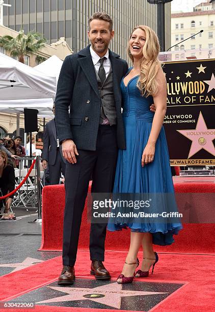 Actors Ryan Reynolds and Blake Lively attend the ceremony honoring Ryan Reynolds with a Star on the Hollywood Walk of Fame on December 15, 2016 in...