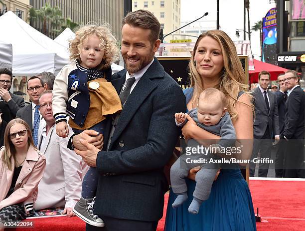 Actors Ryan Reynolds and Blake Lively with daughters James Reynolds and Ines Reynolds attend the ceremony honoring Ryan Reynolds with a Star on the...