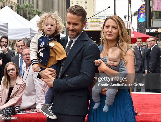 Actors Ryan Reynolds and Blake Lively with daughters James Reynolds and Ines Reynolds attend the ceremony honoring Ryan Reynolds with a Star on the...