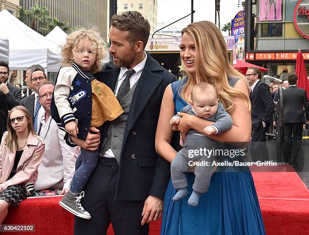 Actors Ryan Reynolds and Blake Lively with daughters James Reynolds and Ines Reynolds attend the ceremony honoring Ryan Reynolds with a Star on the...