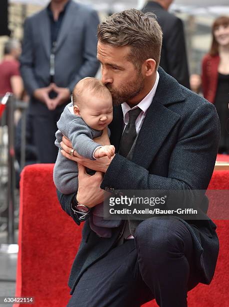 Actor Ryan Reynolds and daughter Ines Reynolds attend the ceremony honoring Ryan Reynolds with a Star on the Hollywood Walk of Fame on December 15,...