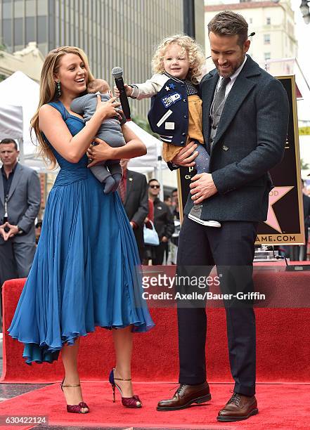 Actors Ryan Reynolds and Blake Lively with daughters James Reynolds and Ines Reynolds attend the ceremony honoring Ryan Reynolds with a Star on the...