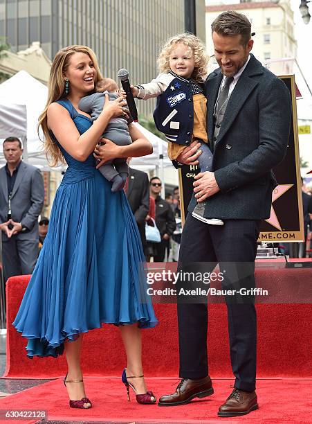 Actors Ryan Reynolds and Blake Lively with daughters James Reynolds and Ines Reynolds attend the ceremony honoring Ryan Reynolds with a Star on the...