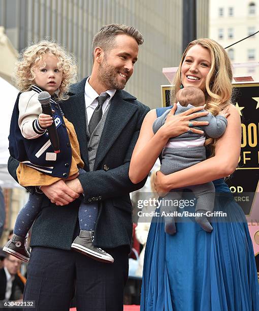 Actors Ryan Reynolds and Blake Lively with daughters James Reynolds and Ines Reynolds attend the ceremony honoring Ryan Reynolds with a Star on the...