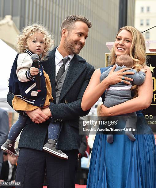 Actors Ryan Reynolds and Blake Lively with daughters James Reynolds and Ines Reynolds attend the ceremony honoring Ryan Reynolds with a Star on the...