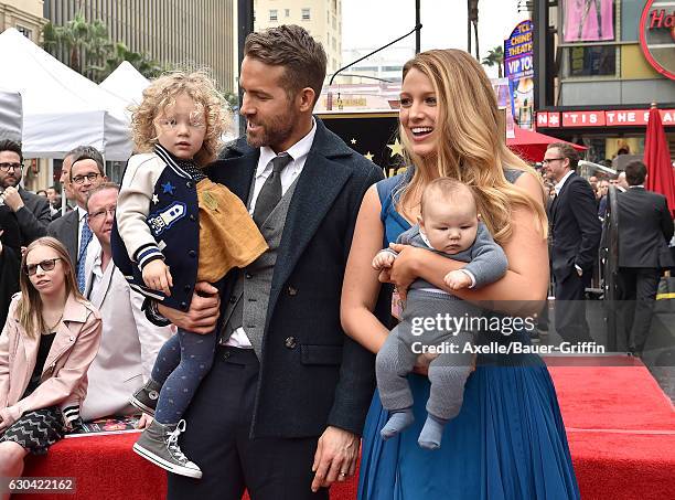 Actors Ryan Reynolds and Blake Lively with daughters James Reynolds and Ines Reynolds attend the ceremony honoring Ryan Reynolds with a Star on the...