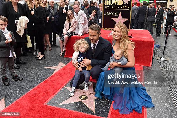 Actors Ryan Reynolds and Blake Lively with daughters James Reynolds and Ines Reynolds attend the ceremony honoring Ryan Reynolds with a Star on the...