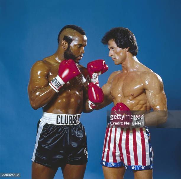 Portrait of Sylvester Stallone , as Rocky Balboa, and Mr. T, as Clubber Lang, posing during photo shoot on the set of "Rocky III" movie. Los Angeles,...
