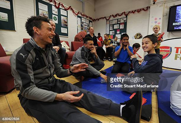 Arsenal's Laurent Koscielny and Francis Coquelin during a visit to charity Centre 404 on December 22, 2016 in London, England.