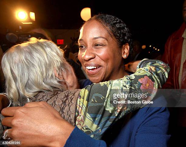 Boston City Council candidate Andrea Joy Campbell greets wellwishers at her election night party at the Blarney Stone in Boston's Dorchester...