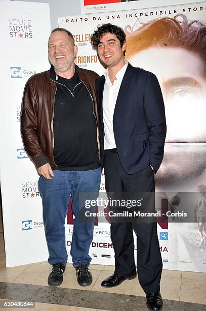 Harvey Weinstein and Riccardo Scamarcio attend a photocall for 'Lion' on December 22, 2016 in Rome, Italy.